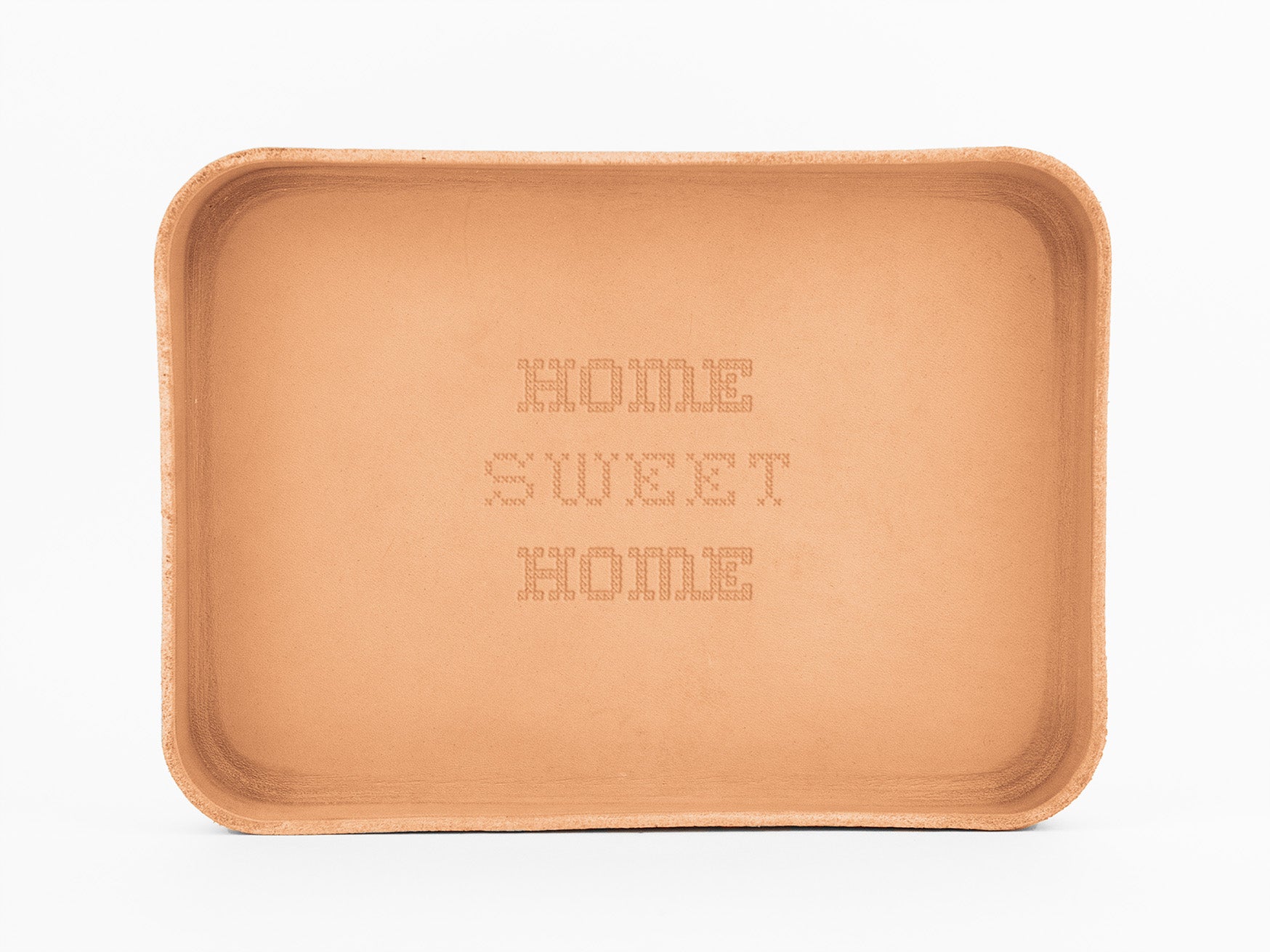 A rectangular tan leather tray with rounded edges, featuring an embossed image of a foam finger saying #1 MOM in the center. The tray is photographed against a white background.