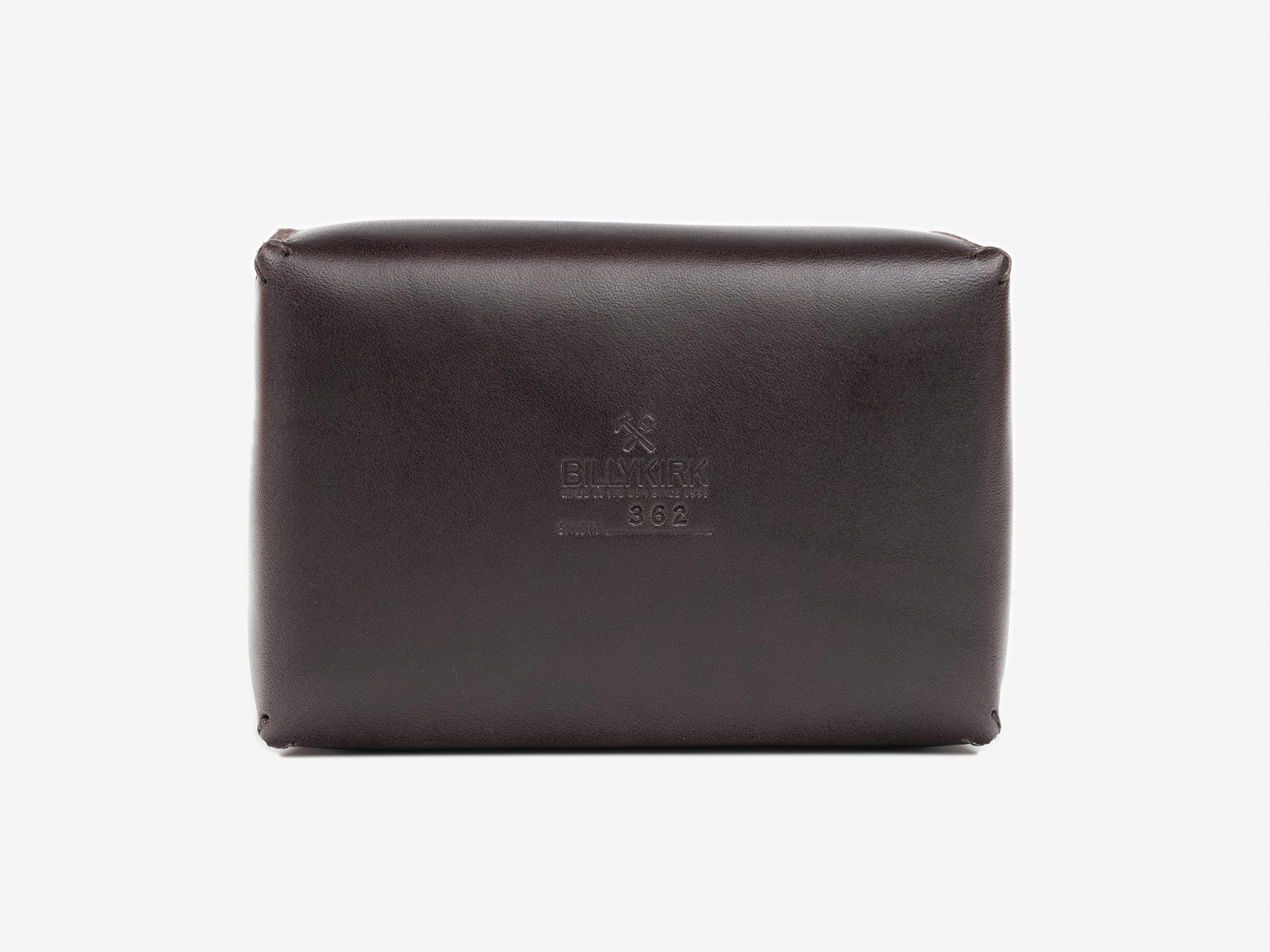 Bottom view of a dark brown leather box showing the Billykirk logo and stamped with the style number 362 against a white background.