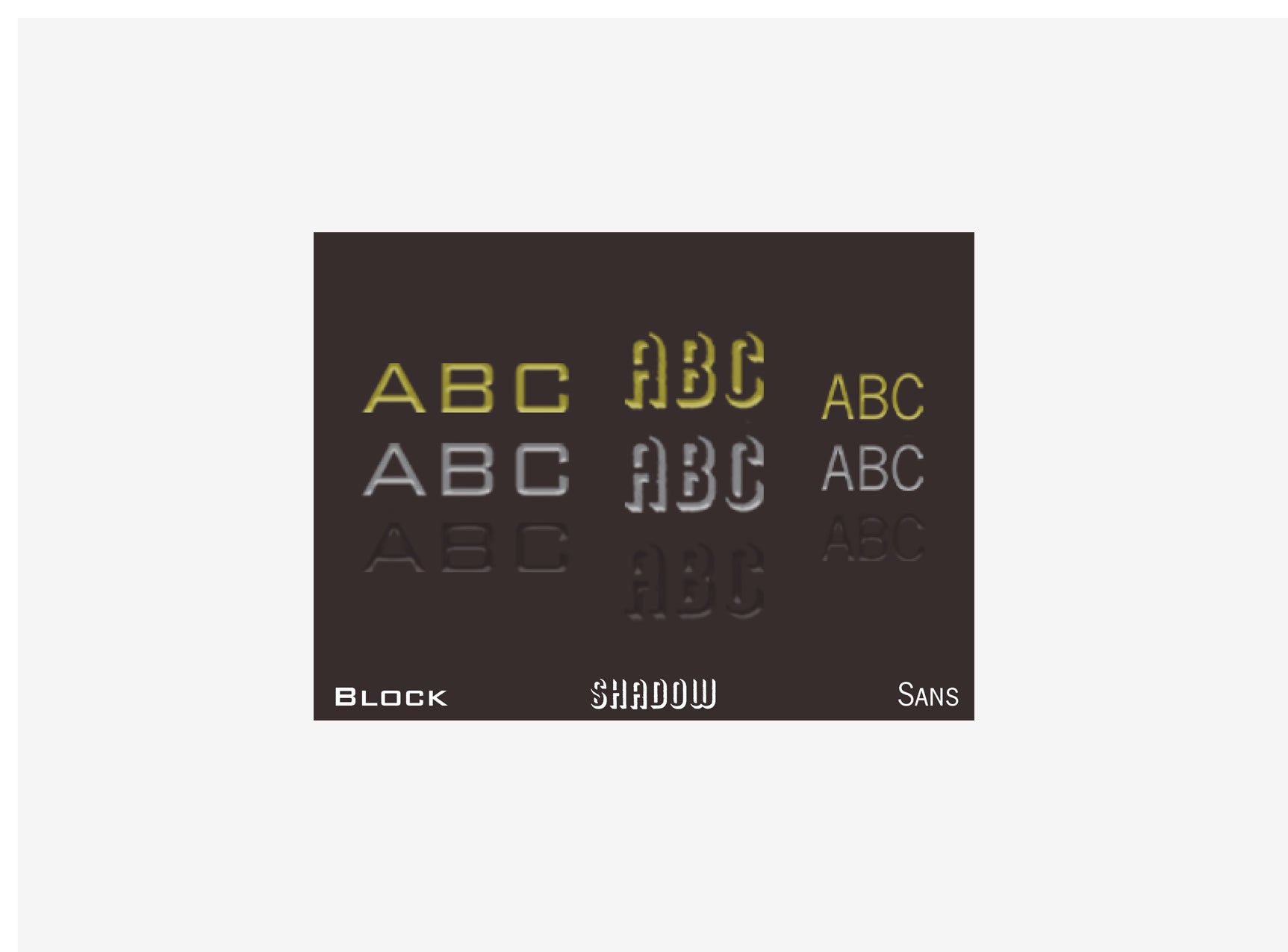 Display of different font styles labeled 'Block', 'Shadow', and 'Sans' on a black background.