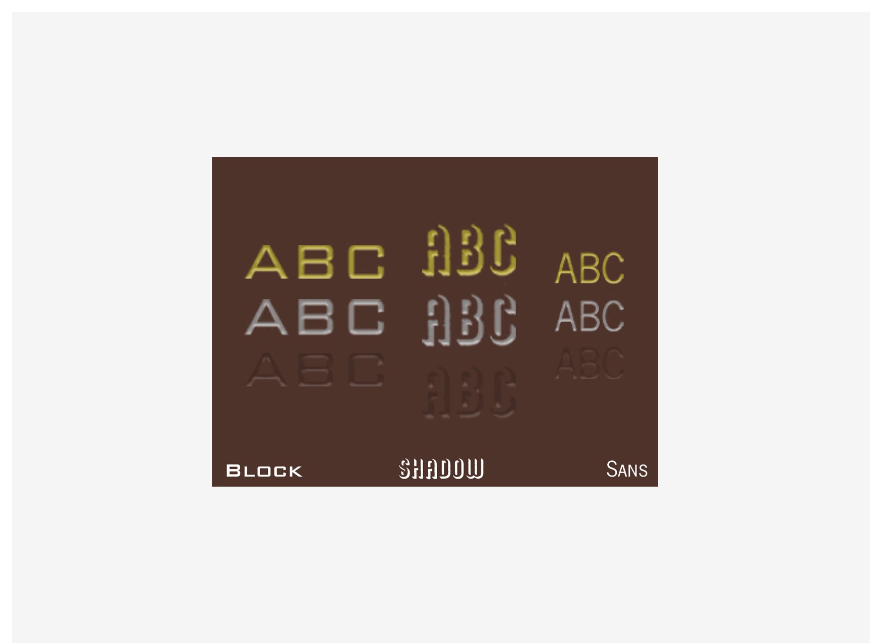 Comparison of 'Block', 'Shadow', and 'Sans' text styles on a brown background.