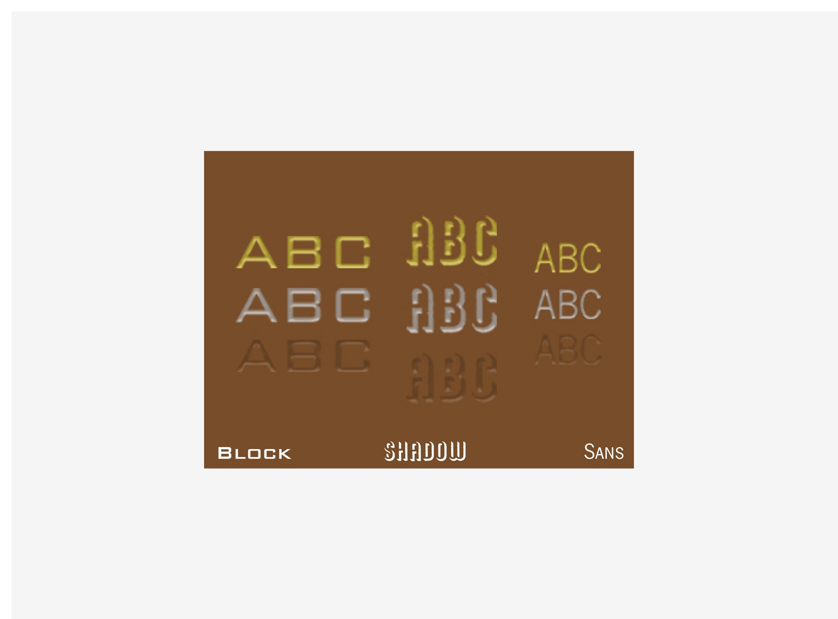 Text display of 'ABC' in different styles on a brown background