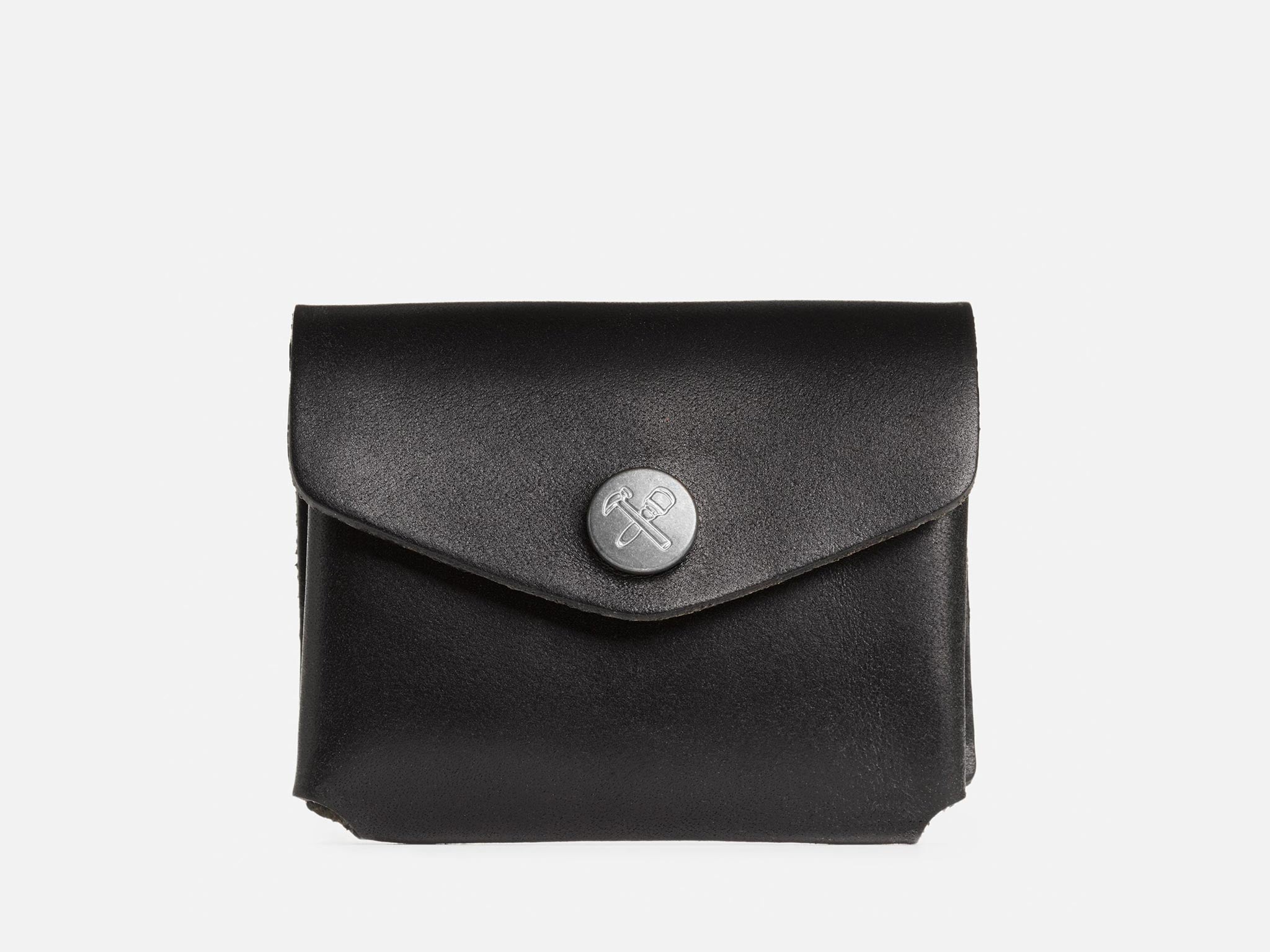 A closed black coin pouch with a nickel snap featuring a hammer and maul logo
