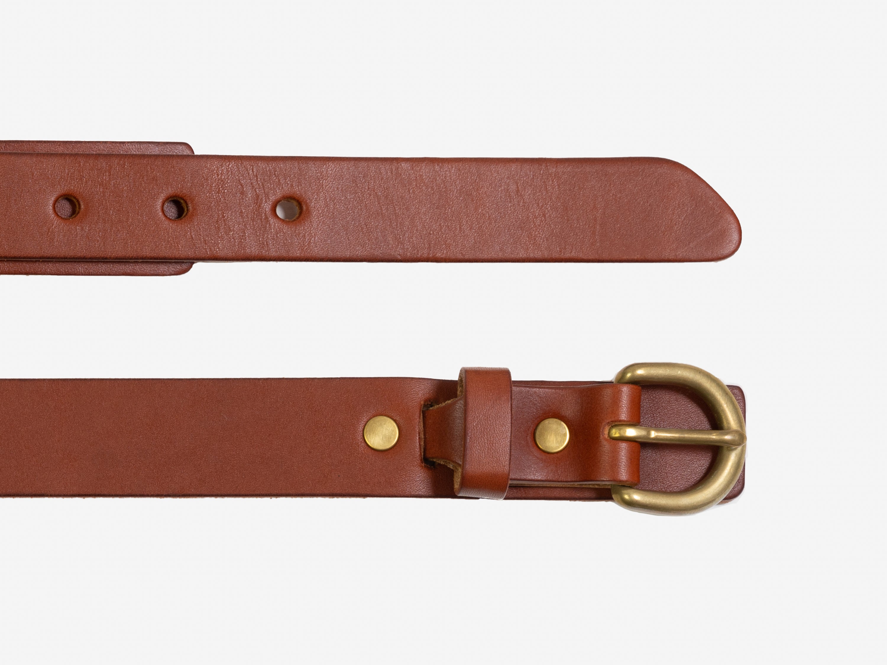 A brown leather belt with a brass buckle and metal rivets, shown laid flat on a white background. The top section displays the belt strap with holes, while the bottom section shows the buckle and keeper loop.
