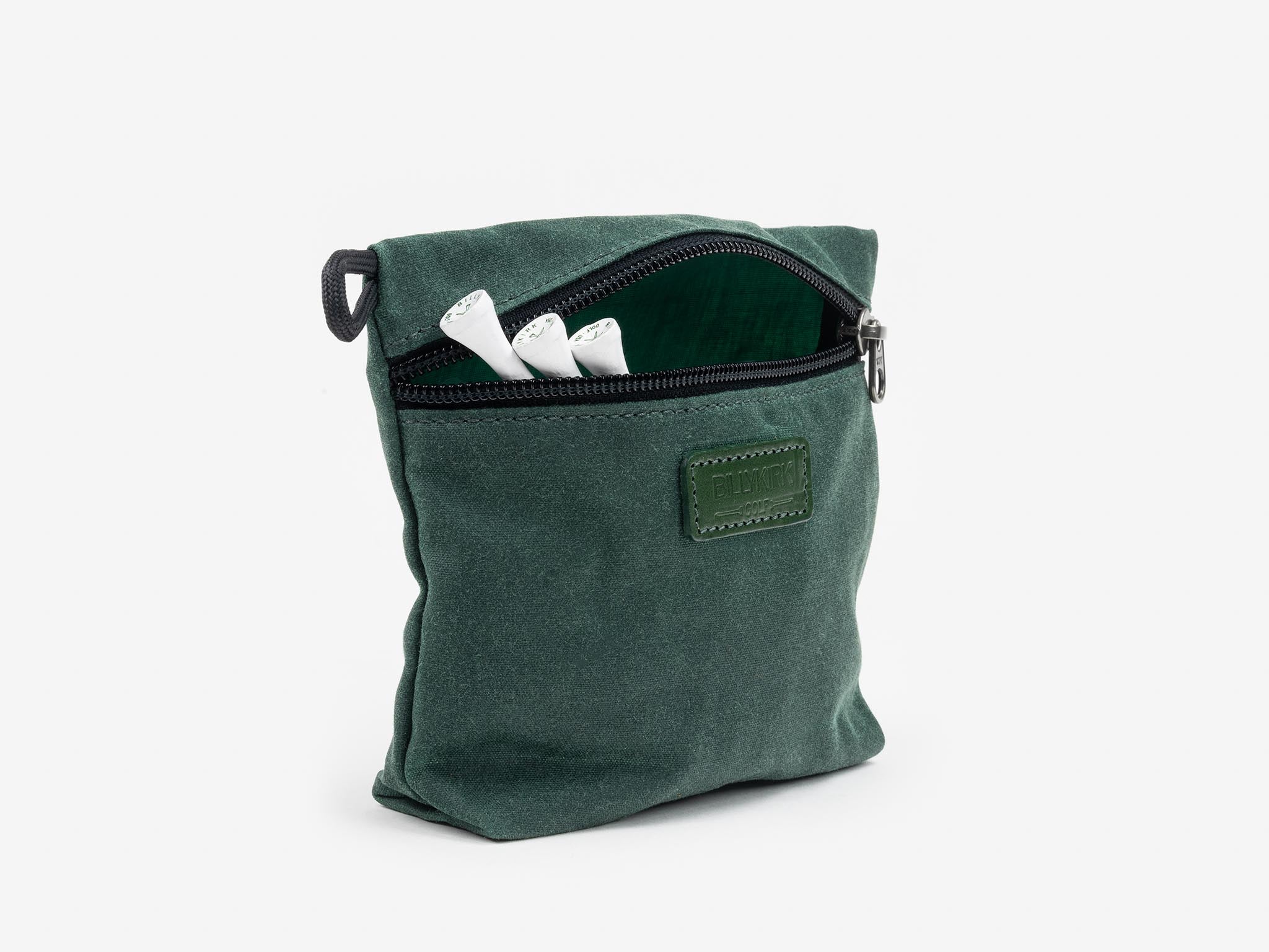 A small, dark green zippered pouch with a fabric patch on the front, partially unzipped to reveal three white markers inside, against a plain white background.