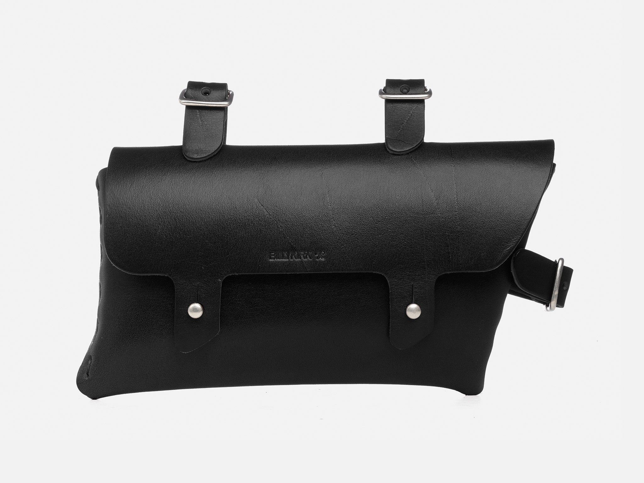 A black leather bicycle saddle bag with two buckled straps on top and a flap secured by two metal button studs on the front.